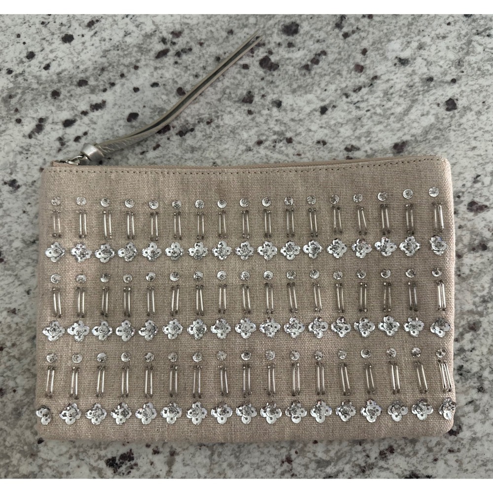 Vineyard Vines Beaded Bling Canvas Clutch Bag Silver Sequin Boho Wristlet